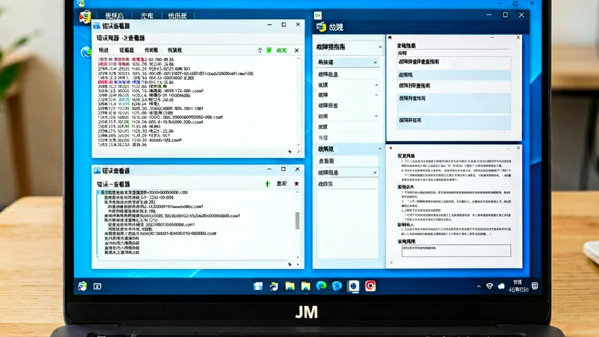 电脑屏幕显示jm下载软件的主界面，桌面上散落着错误日志窗口、系统信息面板和打开的故障排查文档，展现实际排错工作场景