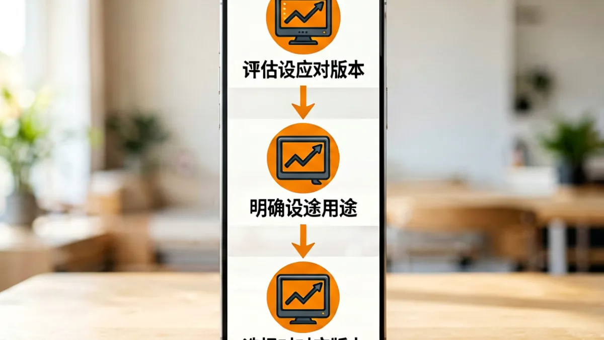 一张简洁的版本选择流程图示，从上到下依次展示评估设备、明确用途、选择对应版本三个步骤，配色为暖橙与石墨黑